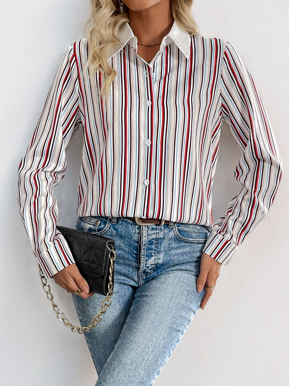 Perfee Contrast Striped Collared Neck Long Sleeve Shirt