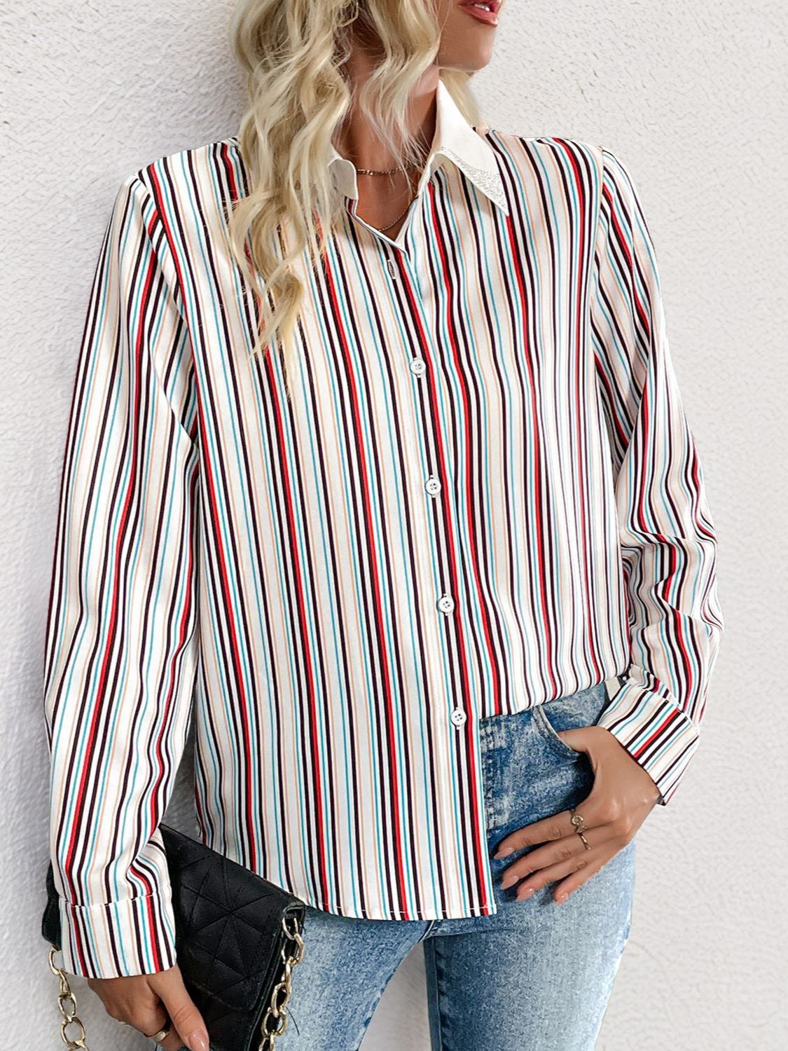 Perfee Contrast Striped Collared Neck Long Sleeve Shirt