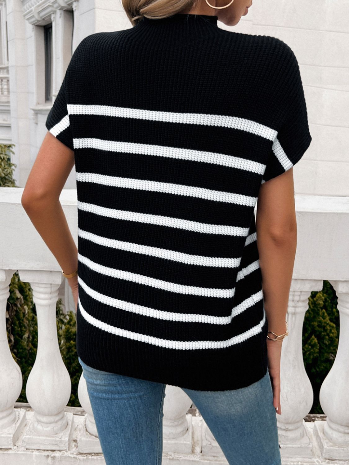 Devine Striped Mock Neck Short Sleeve Sweater